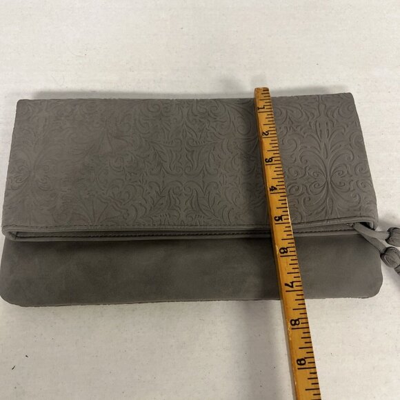 Gray Embossed Faux Leather Clutch With Tassel Accent & Zipper Pocket - Picture 6 of 6